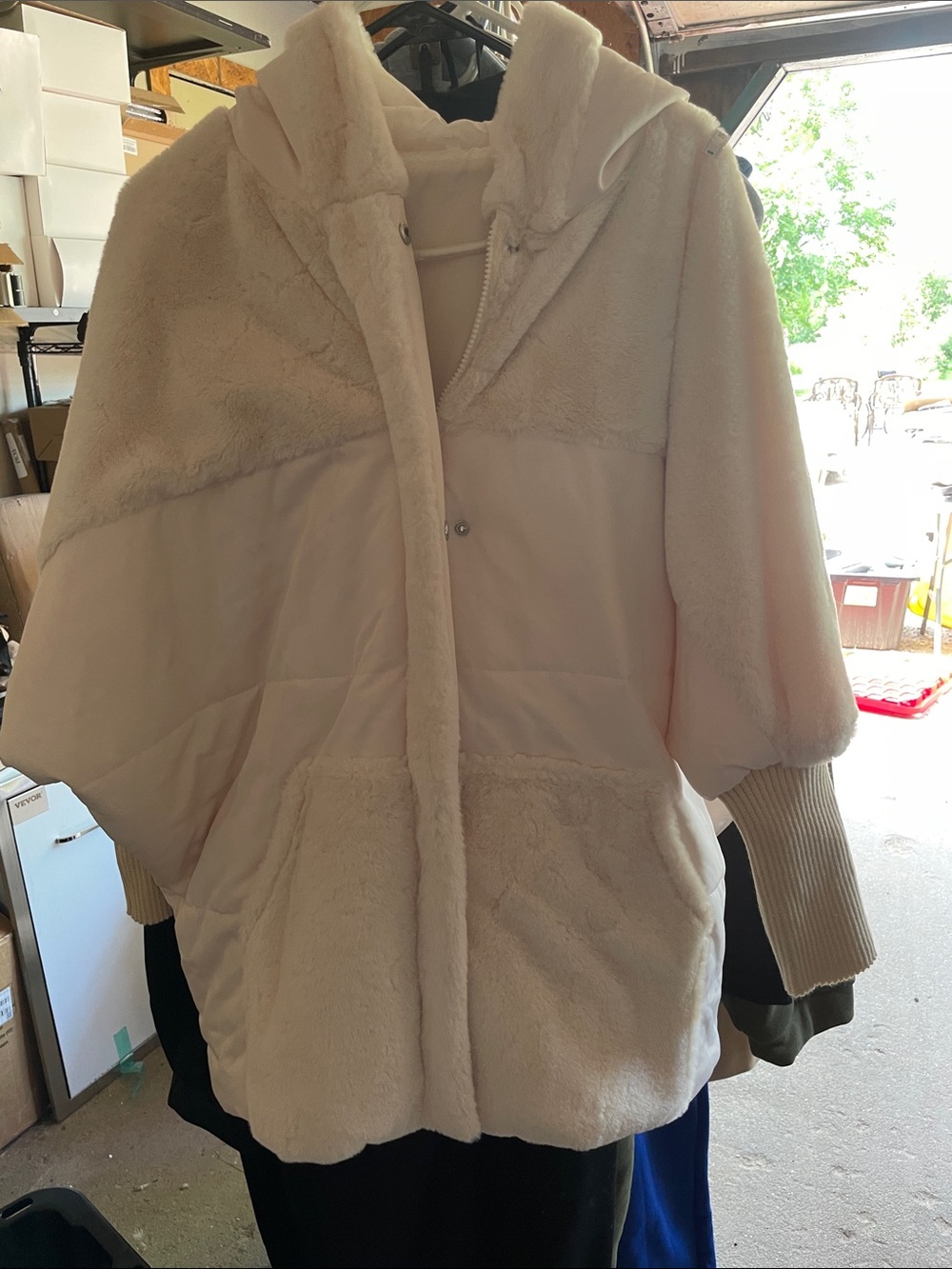 Women's Plush Hooded Coat Jacket - Cream